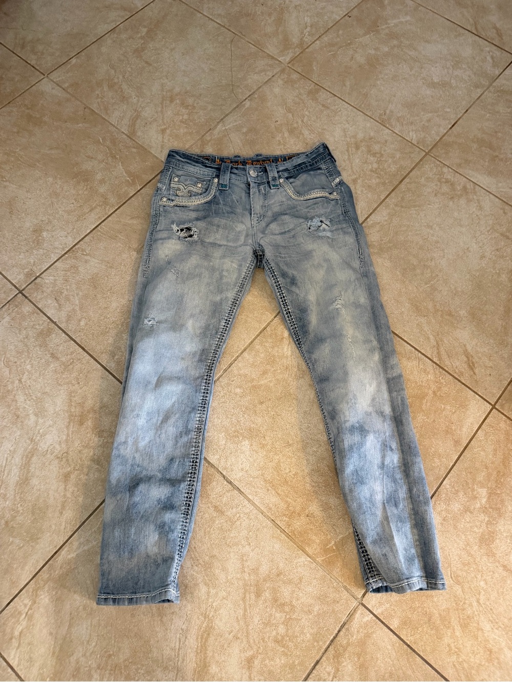 Rock Revival distressed Light Blue Embroidered Boot Cut Feeney Jeans 30/29 - Picture 2 of 8